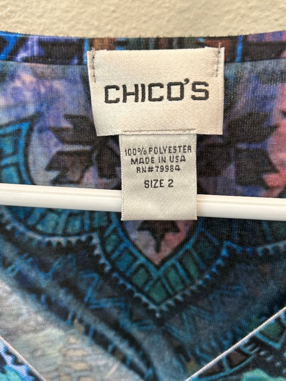 EUC Chico's blue floral sublimation paisley top with 3/4 bell sleeves, size L - Picture 5 of 7